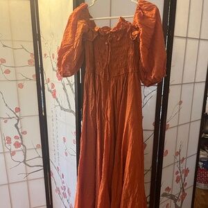 Fall orange puff sleeve dress
